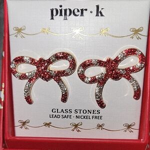 Piper K Red and White Gem Bow Earrings Te Rt Li Candy Cane